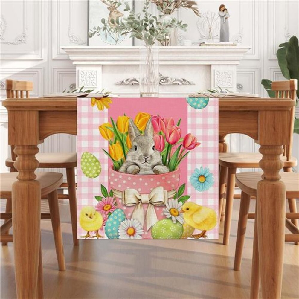 Linen Pink and White Buffalo Check Plaid Easter Table Runner 72 Inches Long